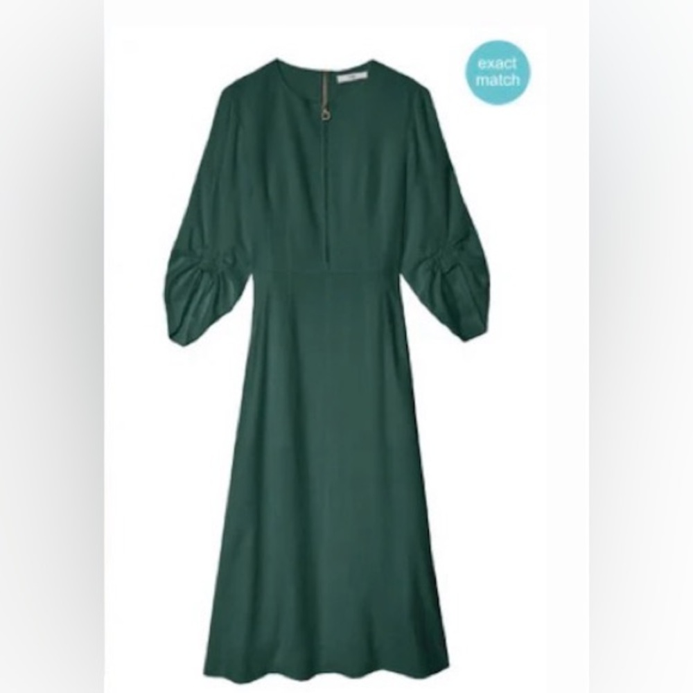 Tibi Marta Linen Blend Midi Dress Forest Green, Smocked Sleeve Zip, Size 6